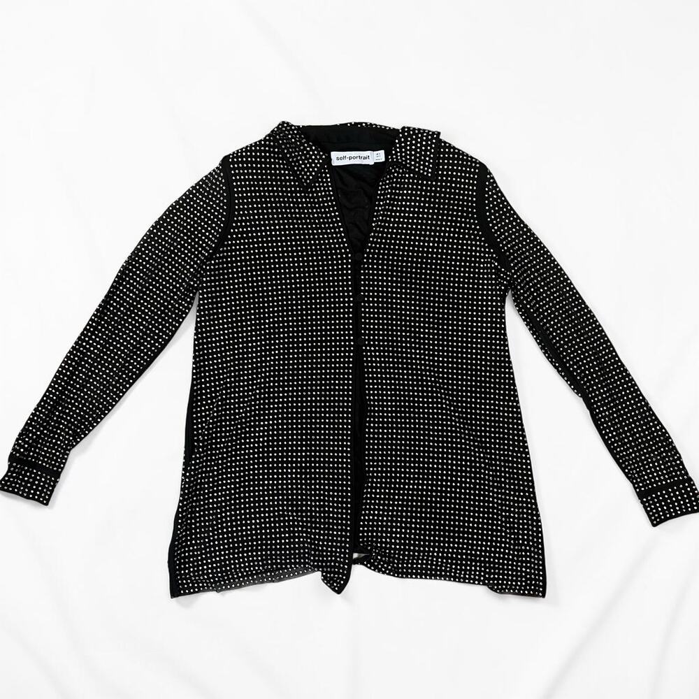 Self Portrait Black Hotfix Mesh Shirt Crystal Embellished Long Sleeve Sz 2 Glam